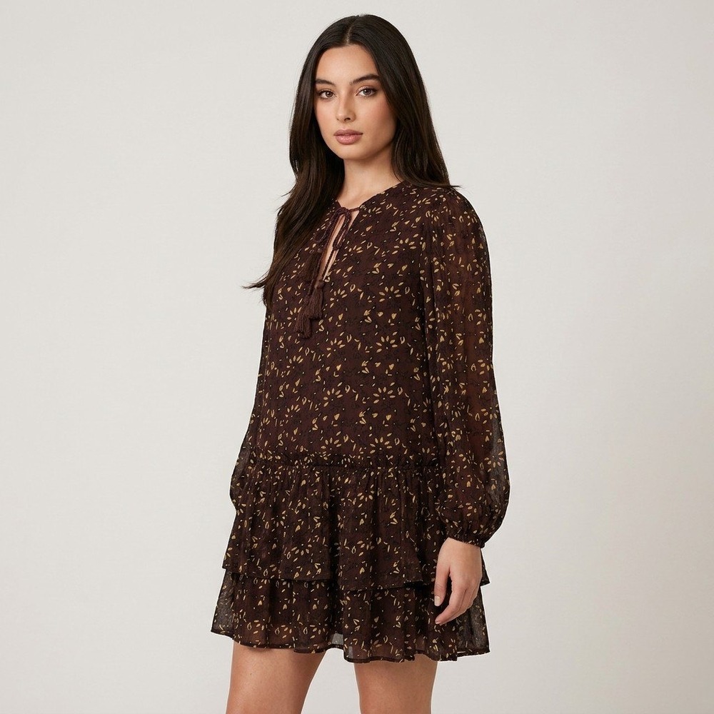 Cleobella Brown Floral Leaf Print Tiered Ruffle Tassel Tie Neck Mini Dress Small